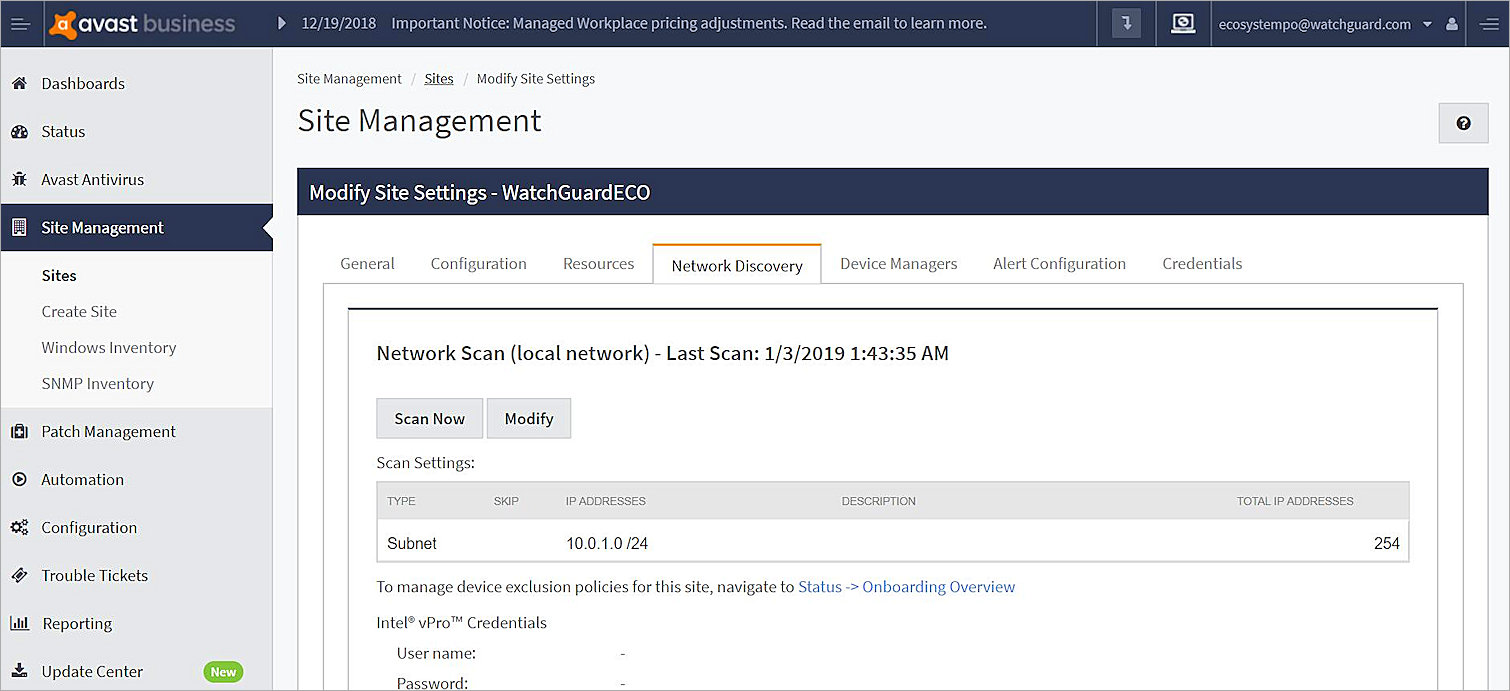 Screenshot of AVG Business Site Management, Network Discovery, Scan Now dialog box